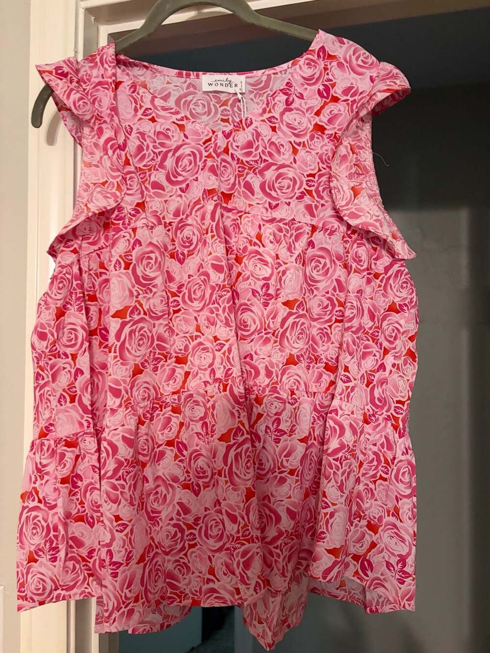 Emily Wonder Women's Pink Rose Floral Print Tiered Ruffle Sleeve Babydoll Top